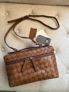 Woven Genuine Leather Crossbody Bag - Brown